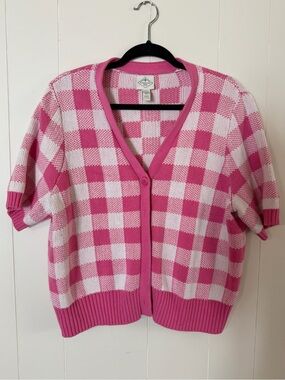 Pink and White Gingham V-Neck Short Sleeve Sweater Cardigan